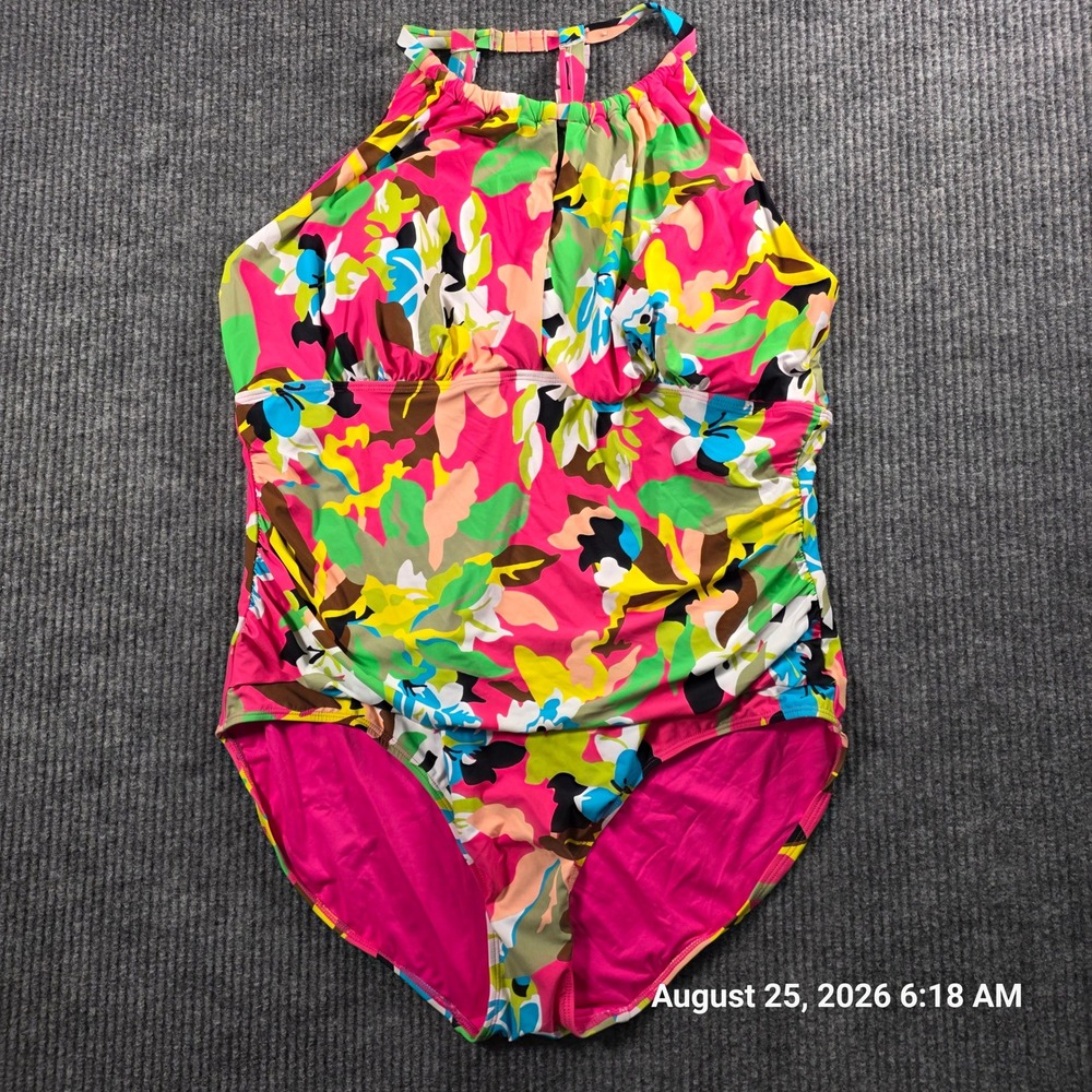 Anne Cole Womens Plus Floral High Neck One Piece Swimsuit Pink Multi 22W NWT